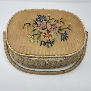 Vtg Dritz Sewing Basket Needlepoint Flowers Cottagecore Grandma Craft Decor Prop